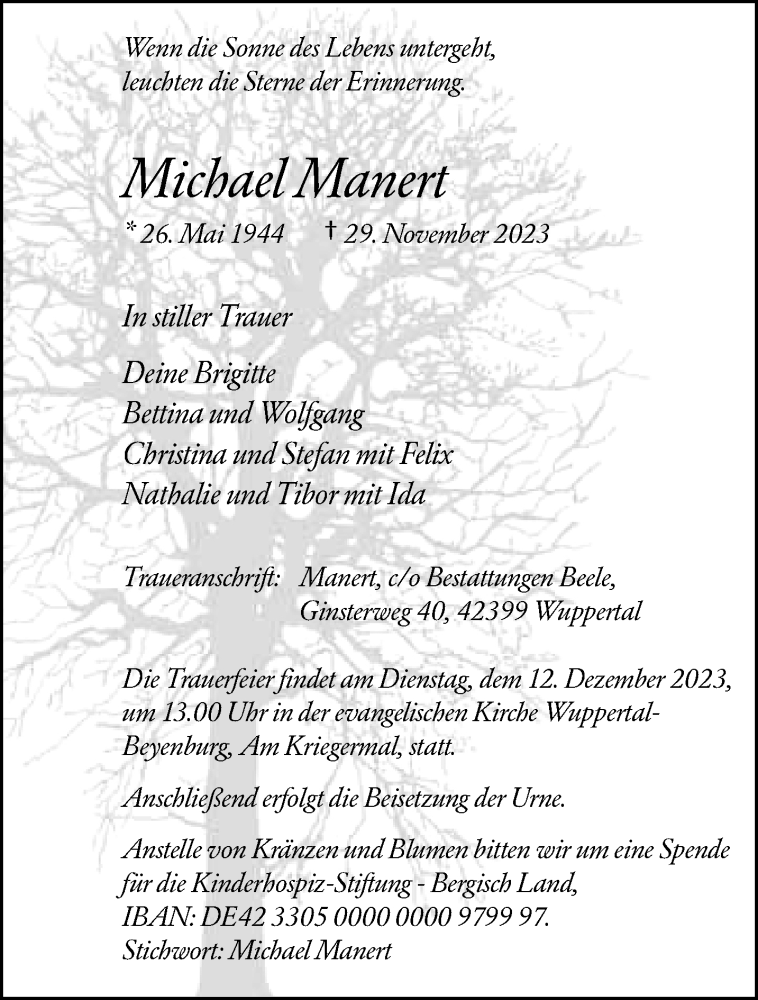  Traueranzeige für Michael Manert vom 09.12.2023 aus trauer.wuppertaler-rundschau.de