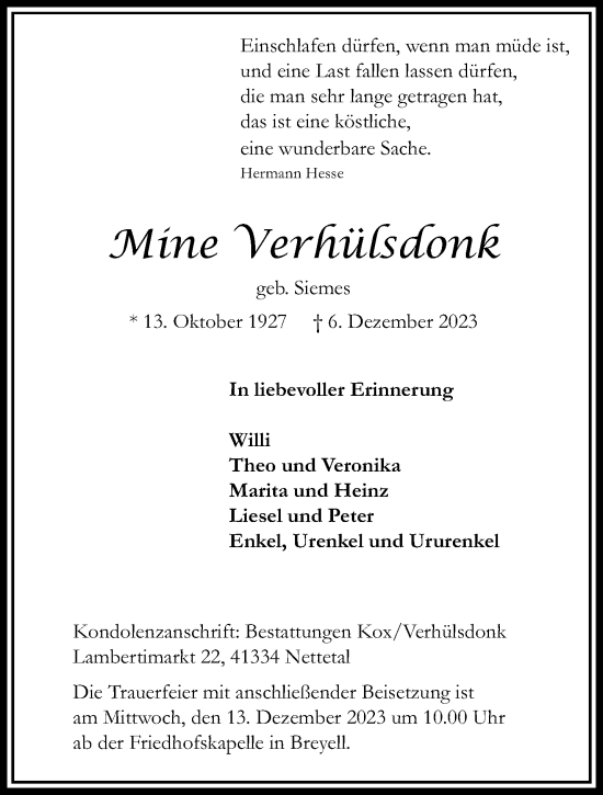 Traueranzeige von Mine Verhülsdonk von trauer.extra-tipp-moenchengladbach.de