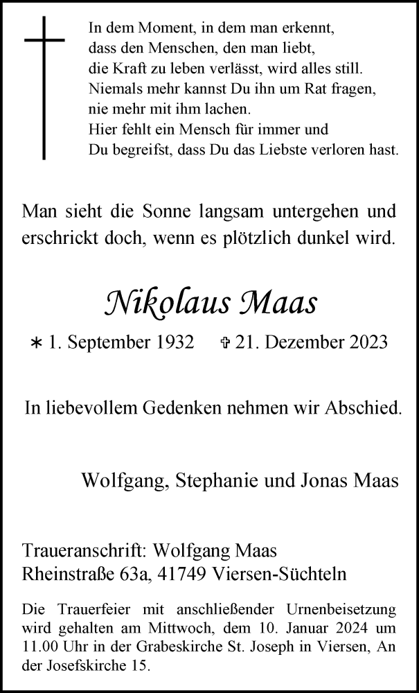  Traueranzeige für Nikolaus Maas vom 31.12.2023 aus trauer.extra-tipp-moenchengladbach.de