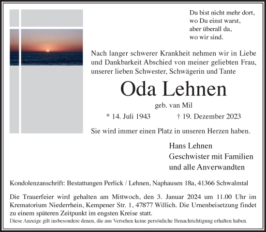 Traueranzeige von Oda Lehnen von trauer.extra-tipp-moenchengladbach.de