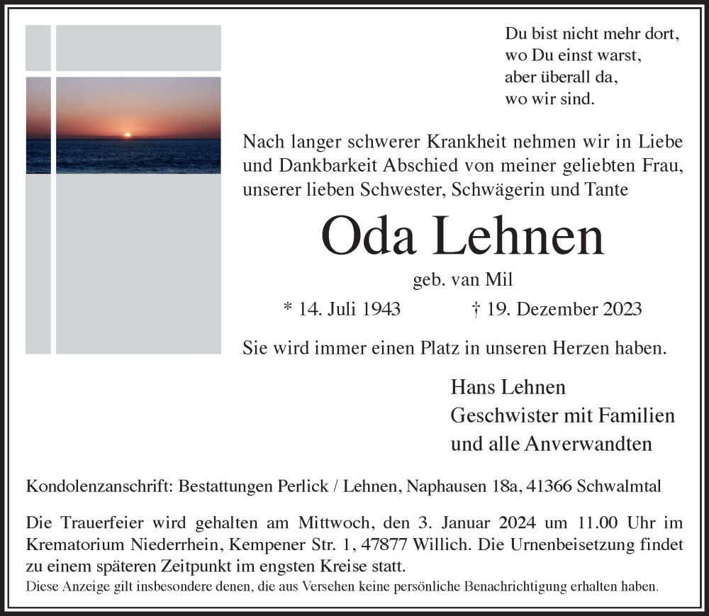  Traueranzeige für Oda Lehnen vom 24.12.2023 aus trauer.extra-tipp-moenchengladbach.de