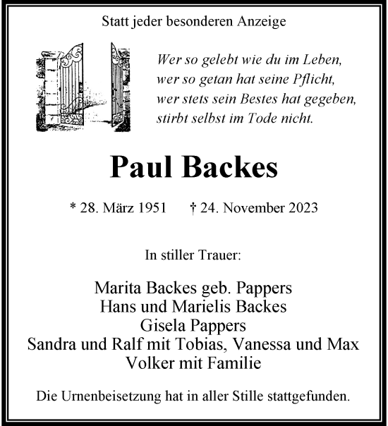 Traueranzeige von Paul Backes von trauer.extra-tipp-moenchengladbach.de