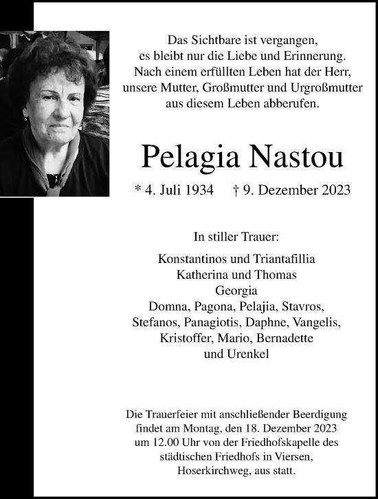 Traueranzeige von Pelagia Nastou von trauer.extra-tipp-moenchengladbach.de