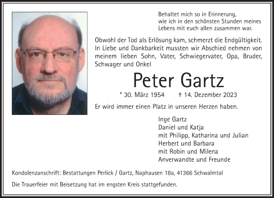 Traueranzeige von Peter Gartz von trauer.extra-tipp-moenchengladbach.de