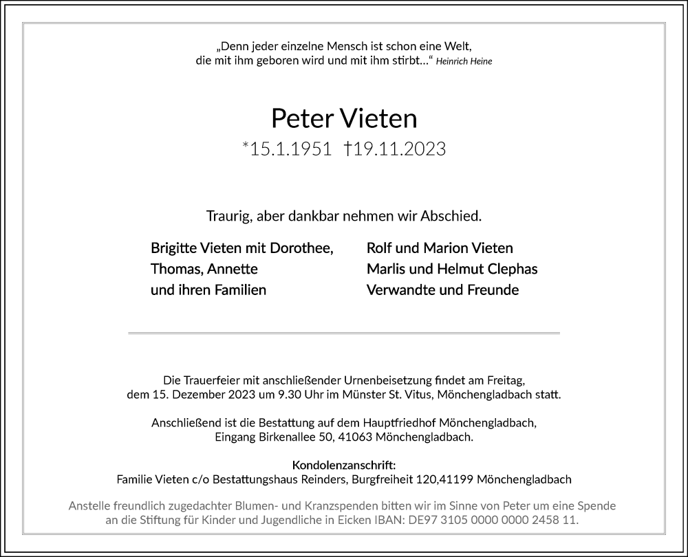  Traueranzeige für Peter Vieten vom 03.12.2023 aus trauer.extra-tipp-moenchengladbach.de