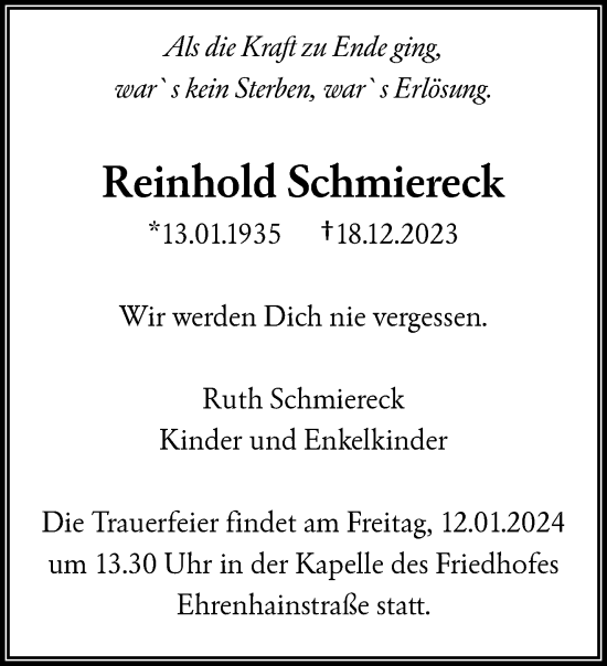 Traueranzeige von Reinhold Schmiereck von trauer.wuppertaler-rundschau.de