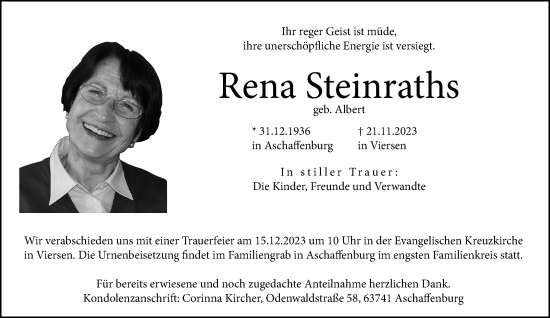 Traueranzeige von Rena Steinraths von trauer.extra-tipp-moenchengladbach.de
