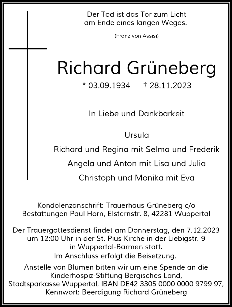  Traueranzeige für Richard Grüneberg vom 02.12.2023 aus trauer.wuppertaler-rundschau.de