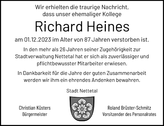 Traueranzeige von Richard Heines von trauer.extra-tipp-moenchengladbach.de