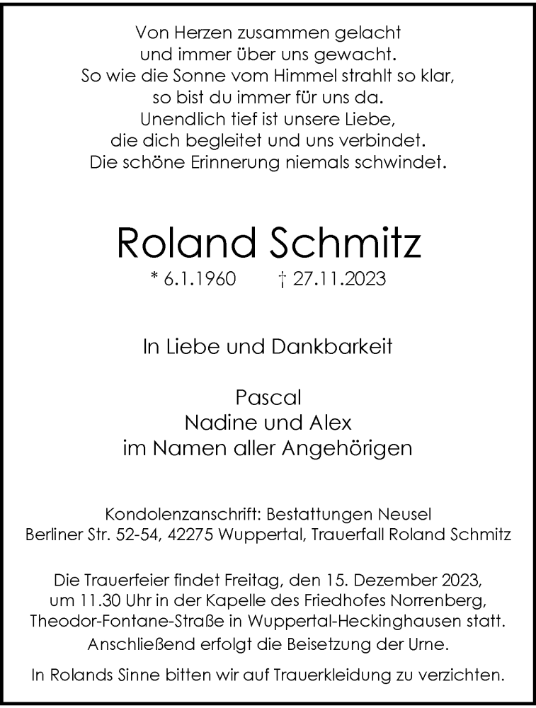  Traueranzeige für Roland Schmitz vom 02.12.2023 aus trauer.wuppertaler-rundschau.de