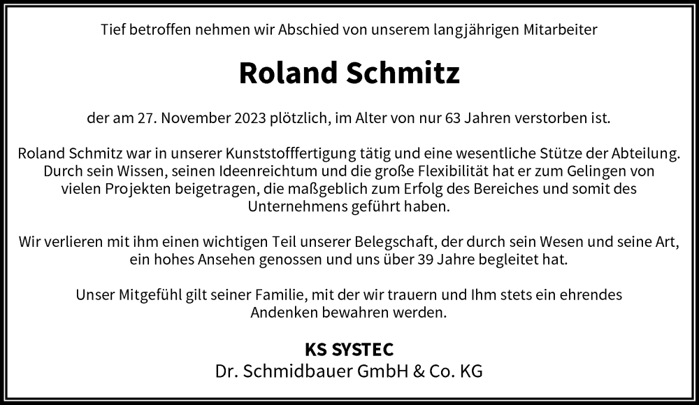  Traueranzeige für Roland Schmitz vom 09.12.2023 aus trauer.wuppertaler-rundschau.de