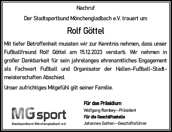 Traueranzeige von Rolf Göttel von trauer.extra-tipp-moenchengladbach.de