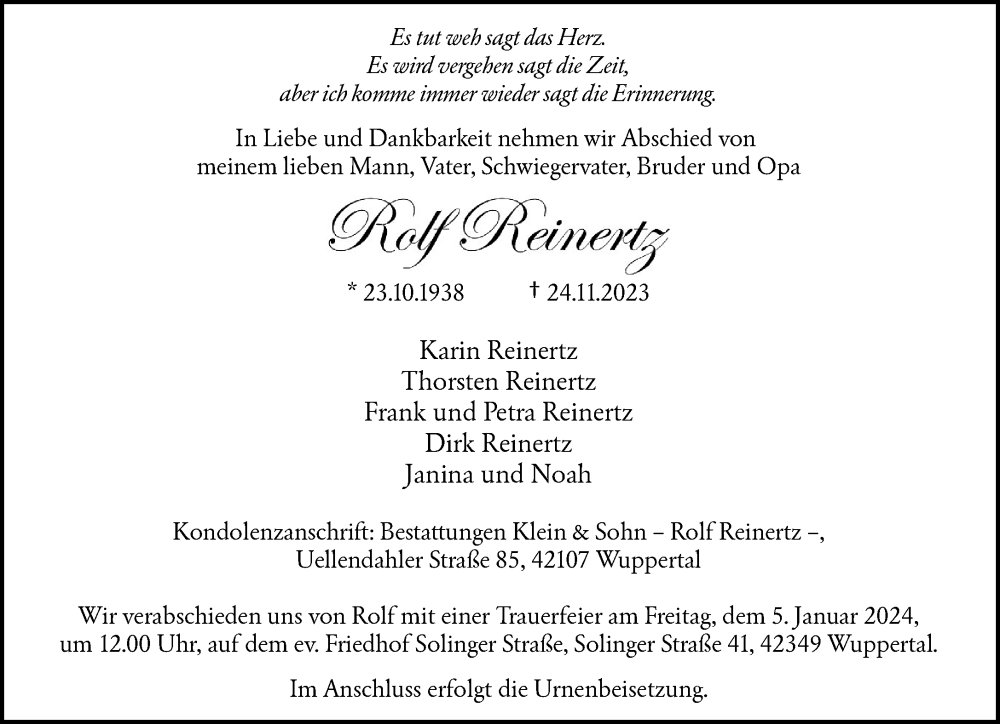  Traueranzeige für Rolf Reinertz vom 30.12.2023 aus trauer.wuppertaler-rundschau.de
