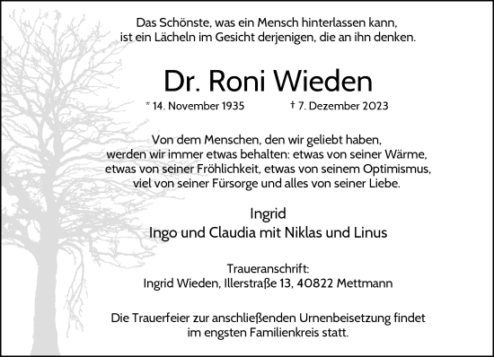 Traueranzeige von Roni Wieden von trauer.duesseldorfer-anzeiger.de