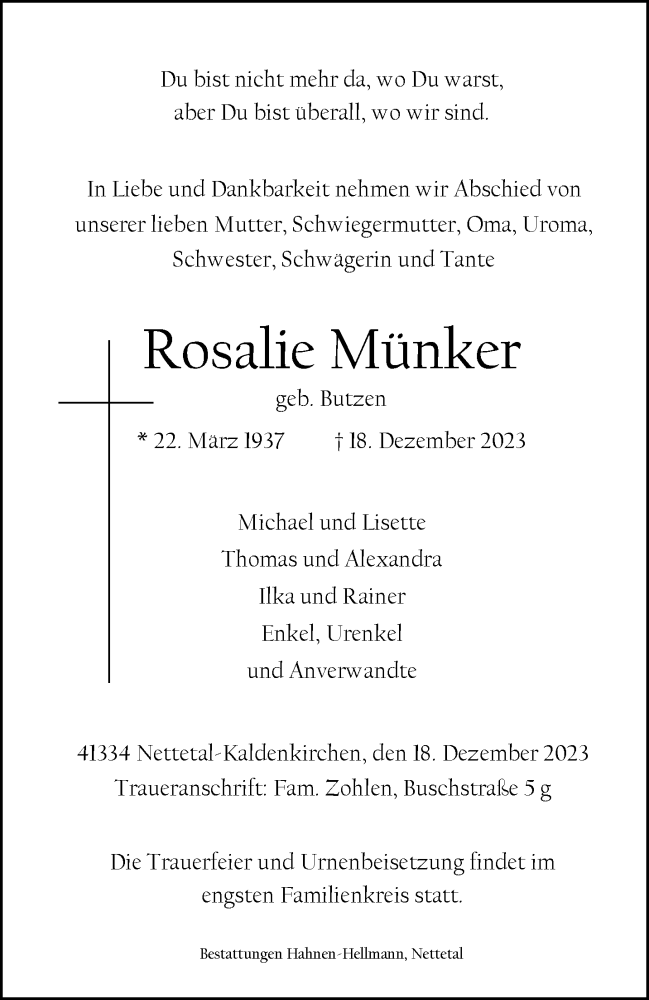  Traueranzeige für Rosalie Münker vom 24.12.2023 aus trauer.extra-tipp-moenchengladbach.de