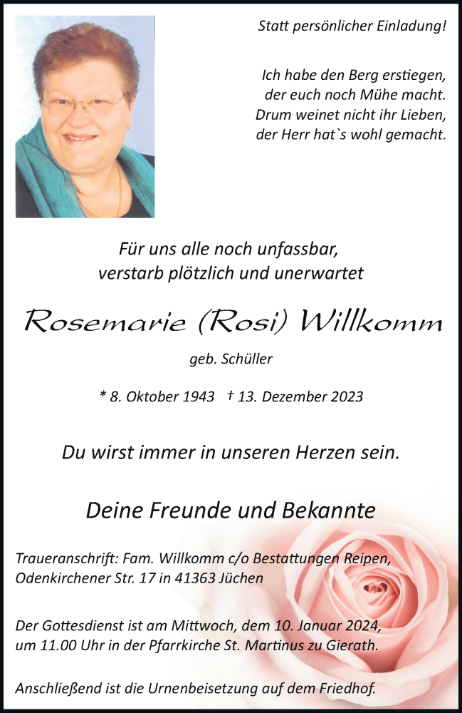  Traueranzeige für Rosemarie Willkomm vom 30.12.2023 aus trauer.stadt-kurier.de
