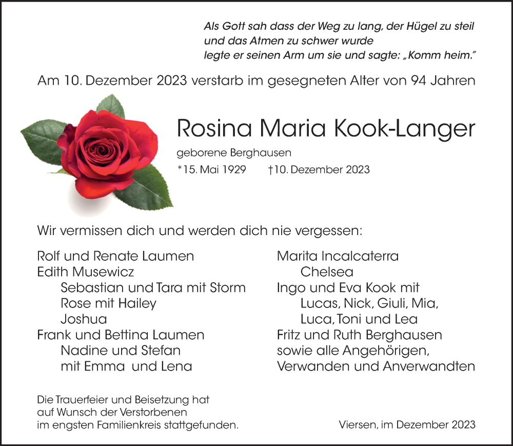  Traueranzeige für Rosina Maria Kook-Langer vom 31.12.2023 aus trauer.extra-tipp-moenchengladbach.de
