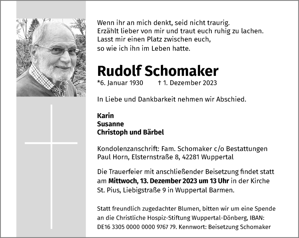  Traueranzeige für Rudolf Schomaker vom 09.12.2023 aus trauer.wuppertaler-rundschau.de