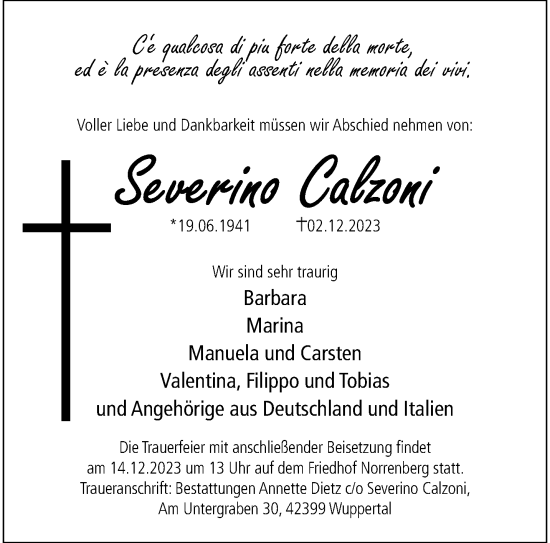 Traueranzeige von Severino Calzoni von trauer.wuppertaler-rundschau.de
