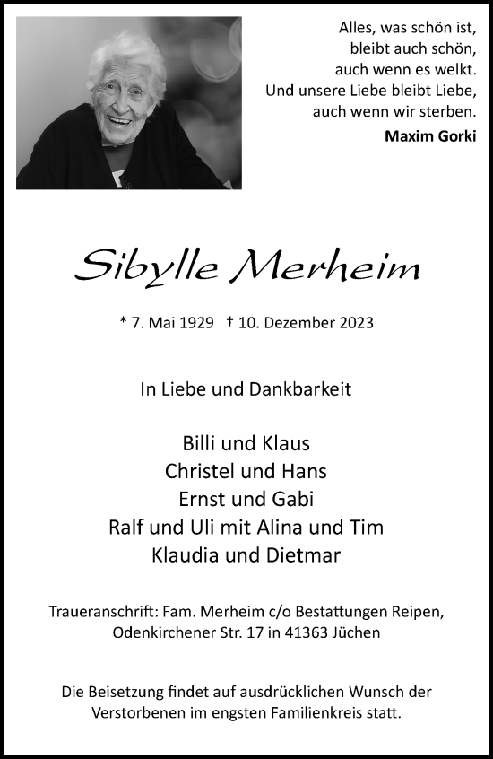 Traueranzeige von Sibylle Merheim von trauer.stadt-kurier.de