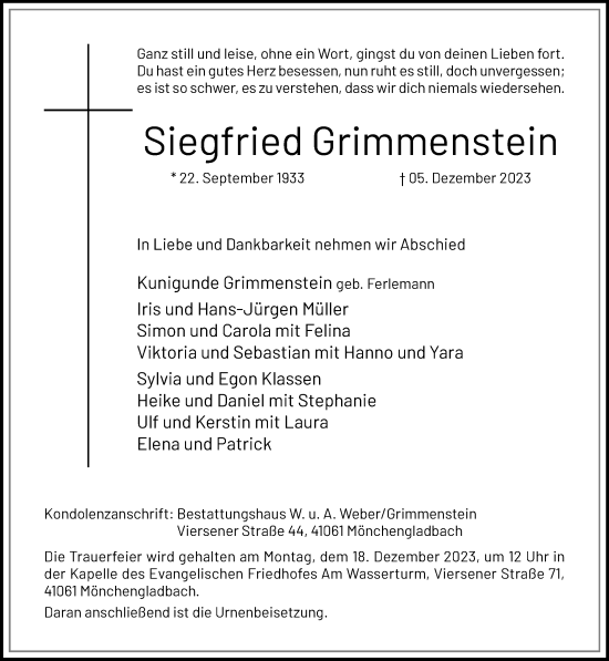 Traueranzeige von Siegfried Grimmenstein von trauer.extra-tipp-moenchengladbach.de