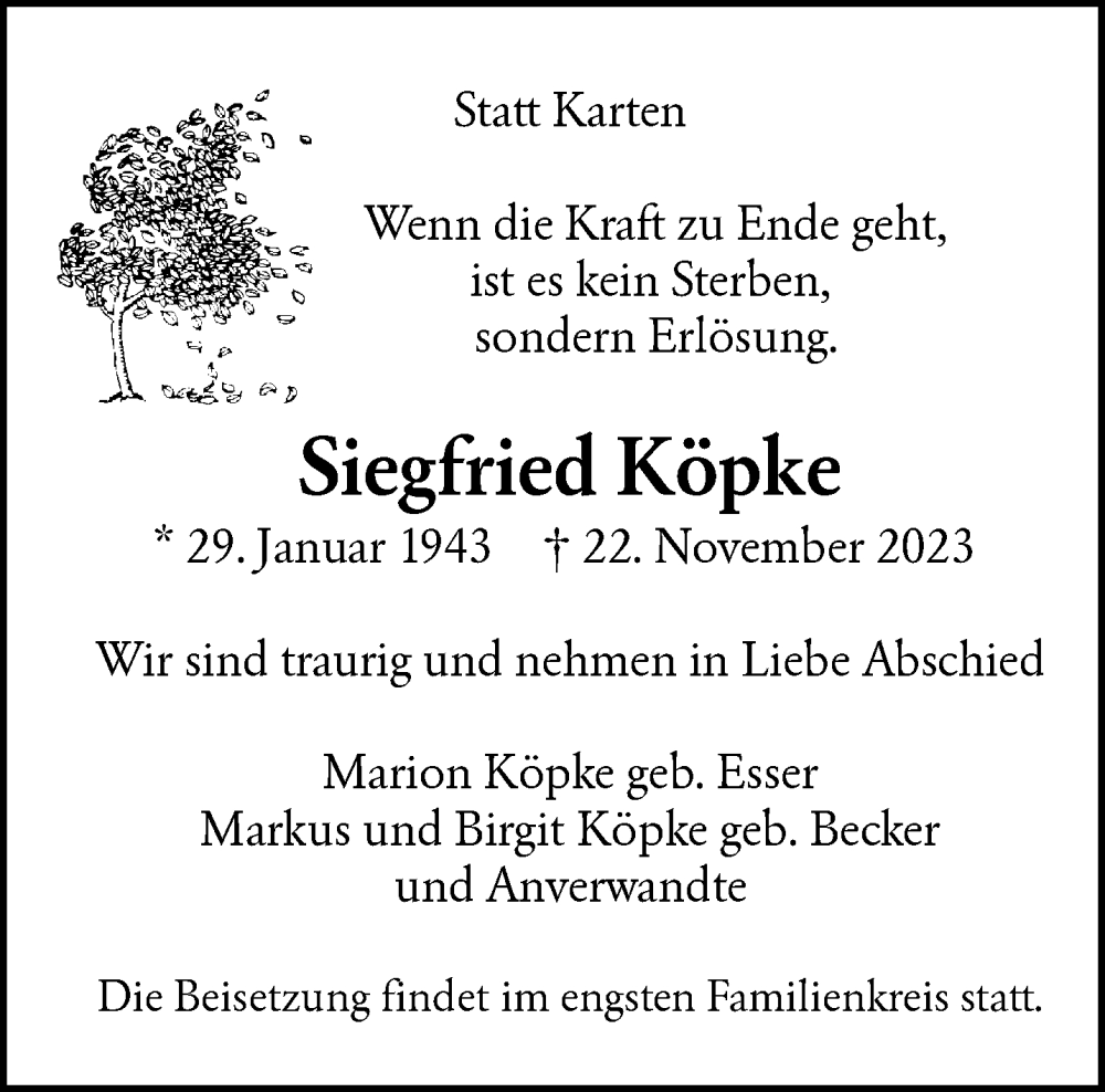  Traueranzeige für Siegfried Köpke vom 09.12.2023 aus trauer.wuppertaler-rundschau.de