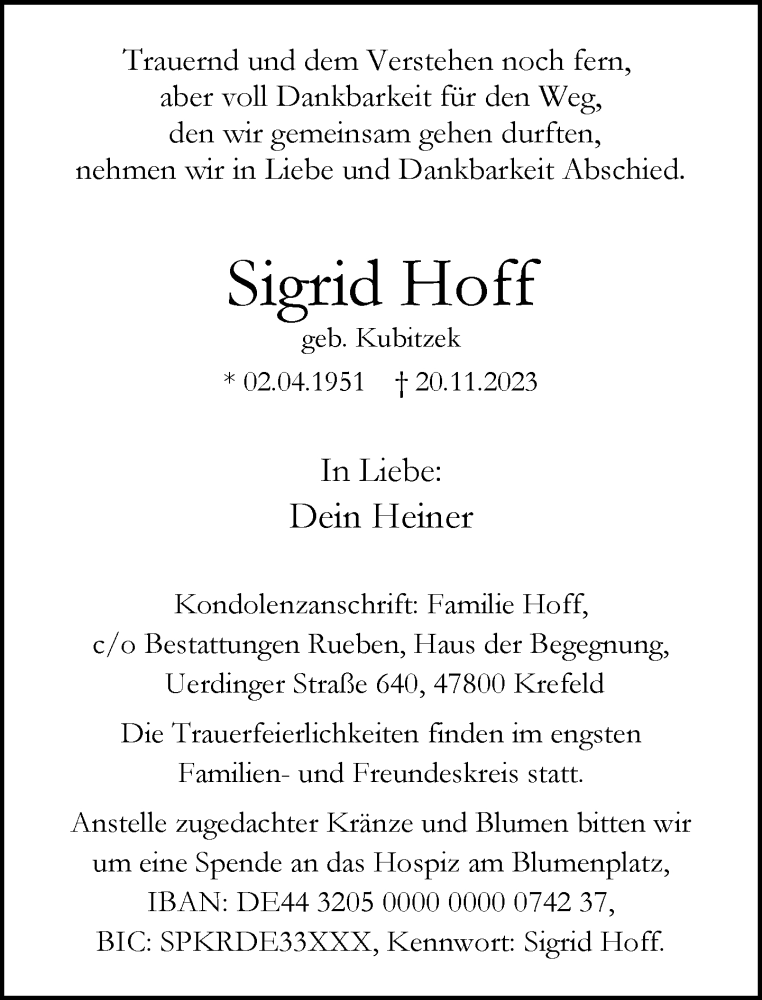 Traueranzeige für Sigrid Hoff vom 03.12.2023 aus trauer.extra-tipp-moenchengladbach.de