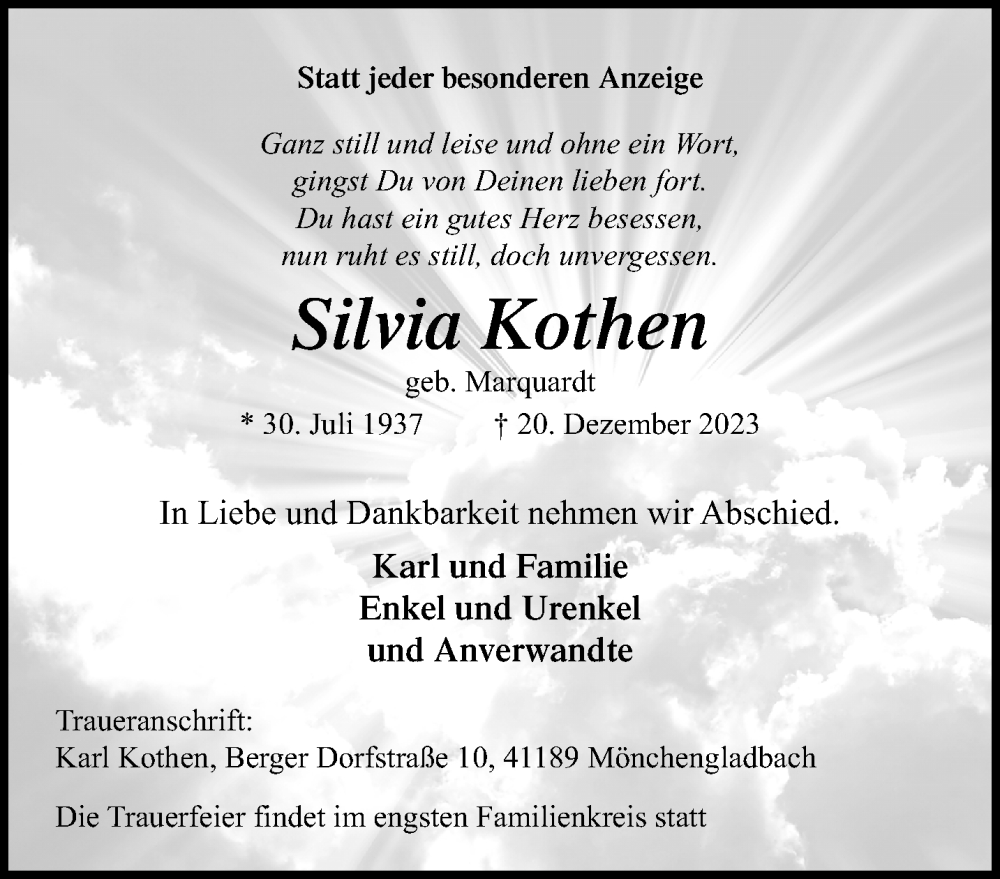  Traueranzeige für Silvia Kothen vom 31.12.2023 aus trauer.extra-tipp-moenchengladbach.de