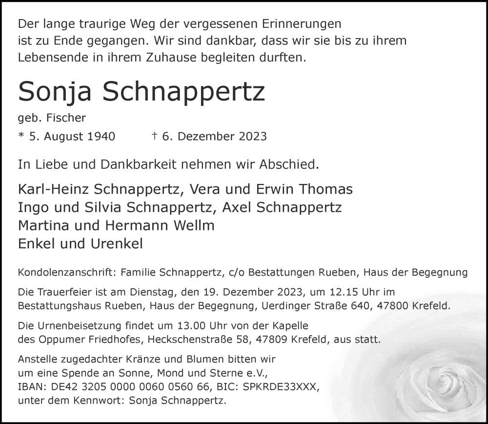  Traueranzeige für Sonja Schnappertz vom 17.12.2023 aus trauer.extra-tipp-moenchengladbach.de