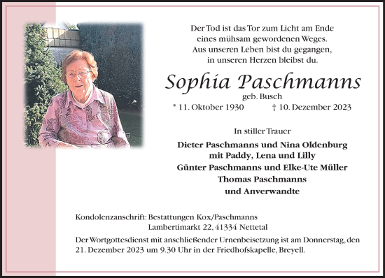 Traueranzeige von Sophia Paschmanns von trauer.extra-tipp-moenchengladbach.de