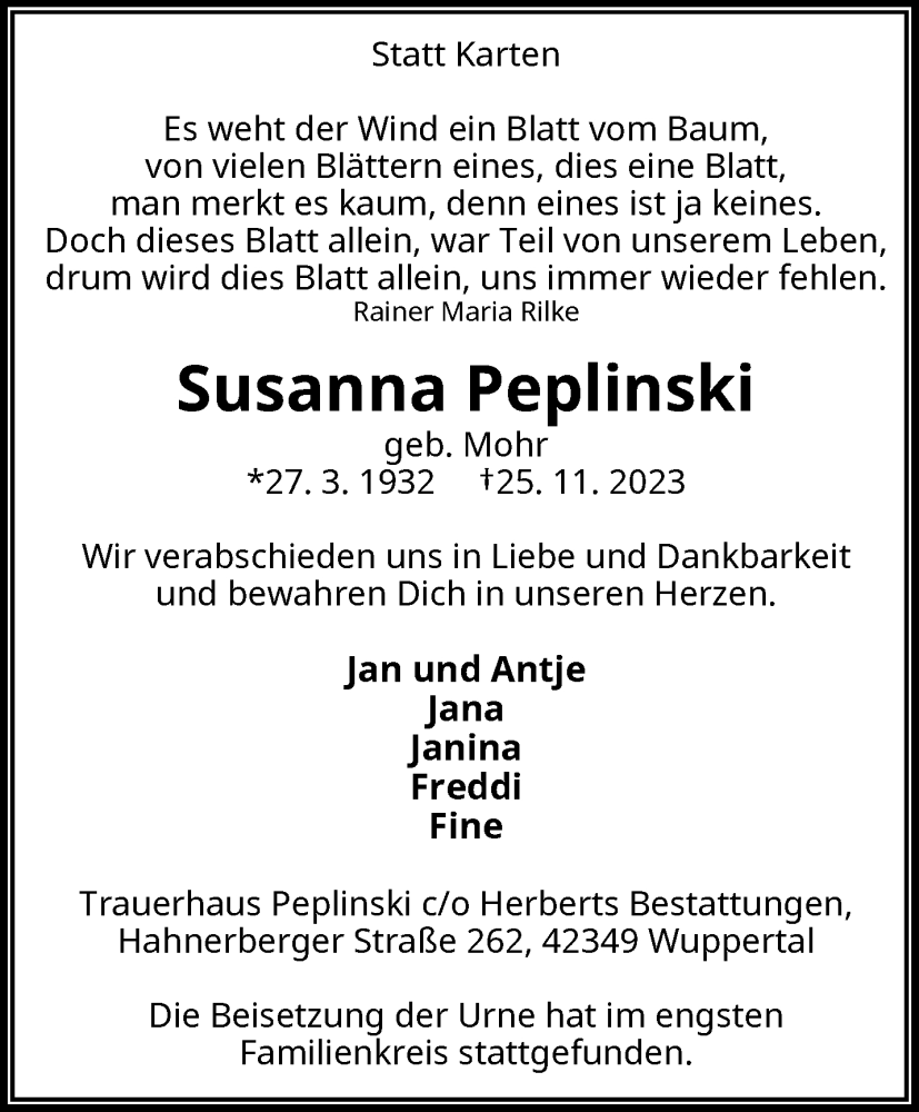  Traueranzeige für Susanna Peplinski vom 16.12.2023 aus trauer.wuppertaler-rundschau.de