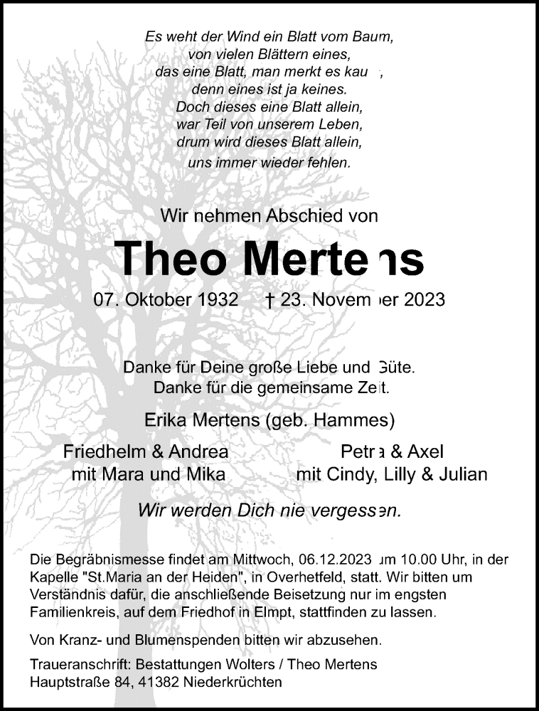  Traueranzeige für Theo Mertens vom 03.12.2023 aus trauer.extra-tipp-moenchengladbach.de