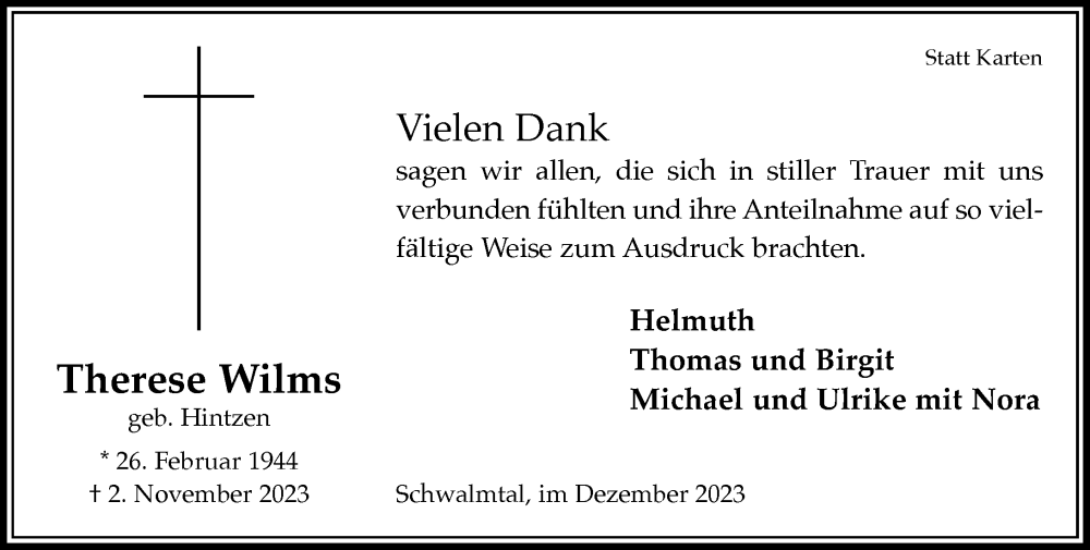  Traueranzeige für Therese Wilms vom 03.12.2023 aus trauer.extra-tipp-moenchengladbach.de