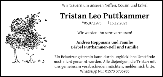 Traueranzeige von Tristan Leo Puttkammer von trauer.wuppertaler-rundschau.de