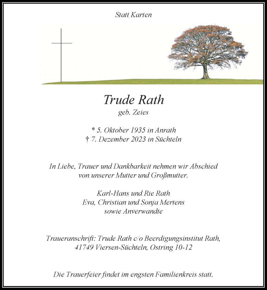 Traueranzeige für Trude Rath vom 17.12.2023 aus trauer.extra-tipp-moenchengladbach.de
