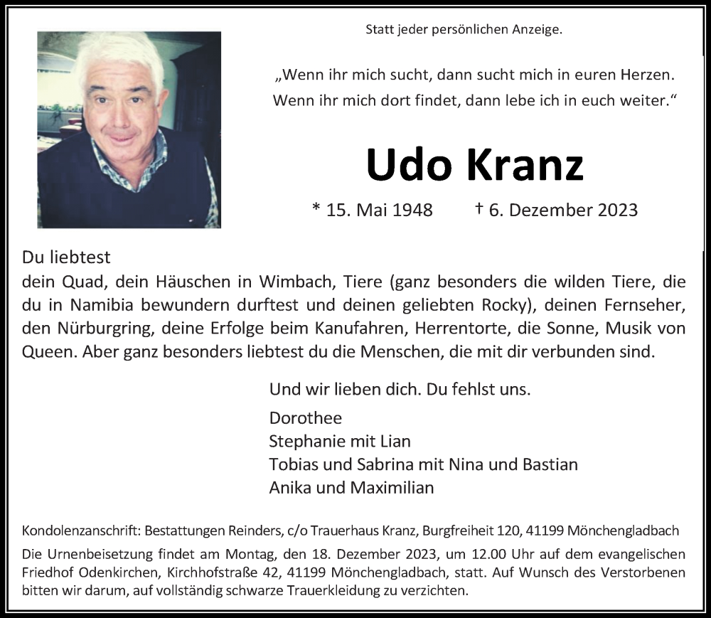  Traueranzeige für Udo Kranz vom 17.12.2023 aus trauer.extra-tipp-moenchengladbach.de