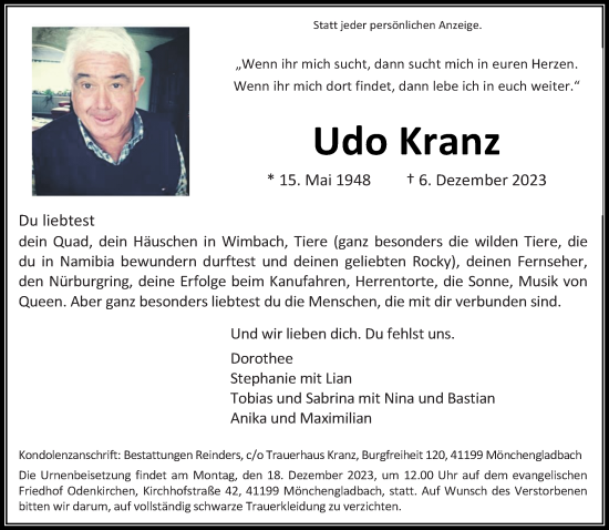 Traueranzeige von Udo Kranz von trauer.extra-tipp-moenchengladbach.de