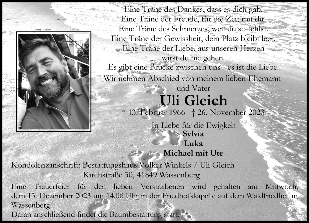  Traueranzeige für Uli Gleich vom 10.12.2023 aus trauer.extra-tipp-moenchengladbach.de