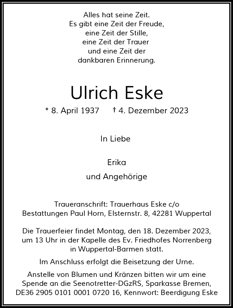  Traueranzeige für Ulrich Eske vom 09.12.2023 aus trauer.wuppertaler-rundschau.de