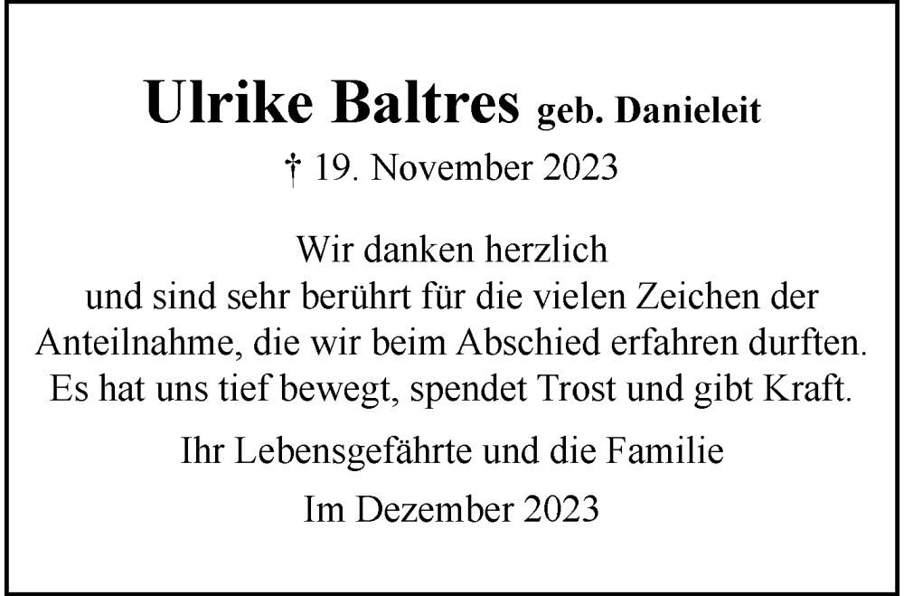  Traueranzeige für Ulrike Baltres vom 16.12.2023 aus trauer.wuppertaler-rundschau.de