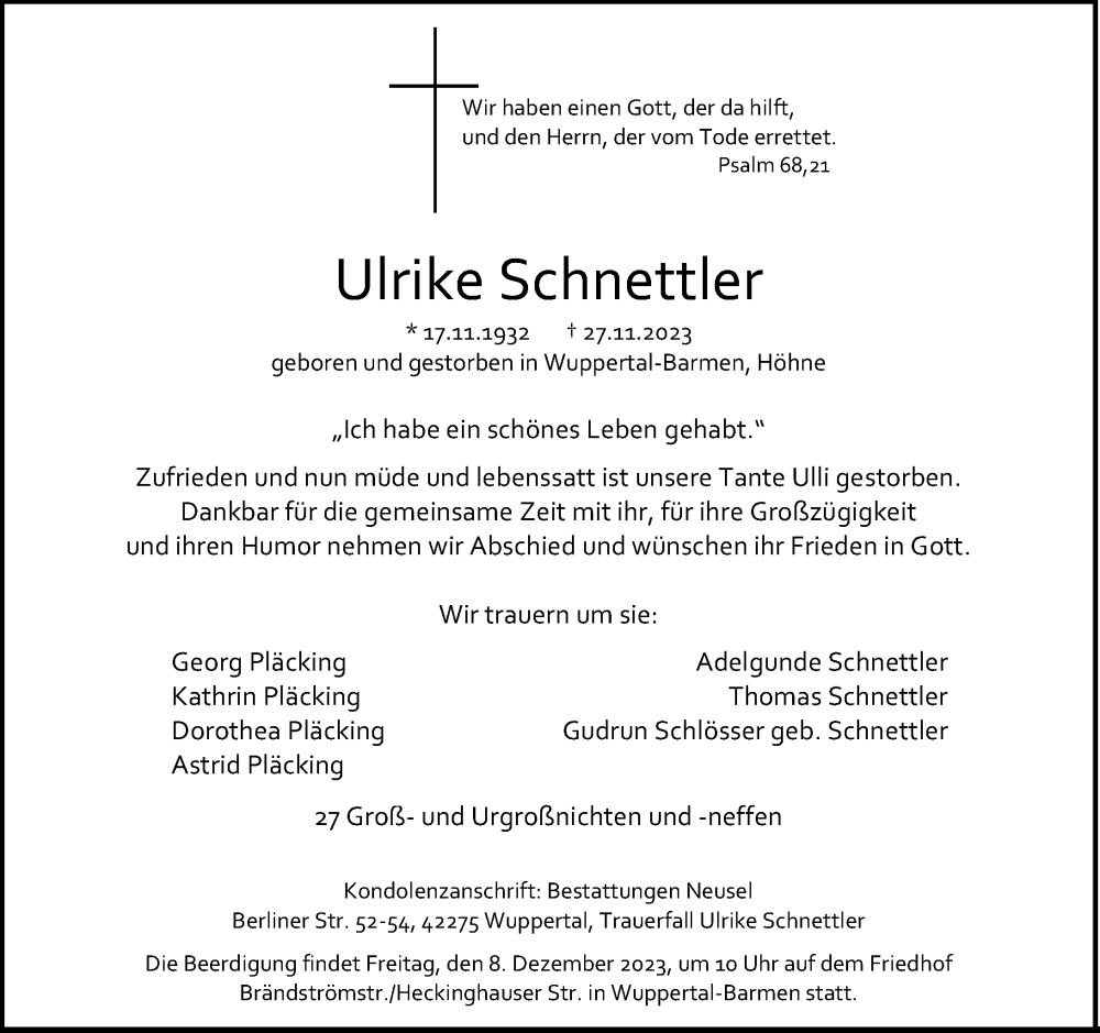  Traueranzeige für Ulrike Schnettler vom 02.12.2023 aus trauer.wuppertaler-rundschau.de