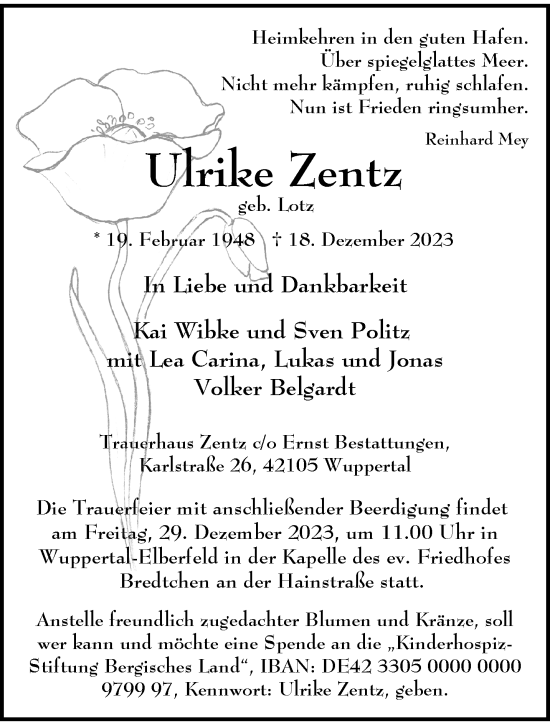 Traueranzeige von Ulrike Zentz von trauer.wuppertaler-rundschau.de