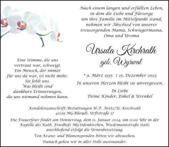 Traueranzeige von Ursula Kirchrath von trauer.extra-tipp-moenchengladbach.de