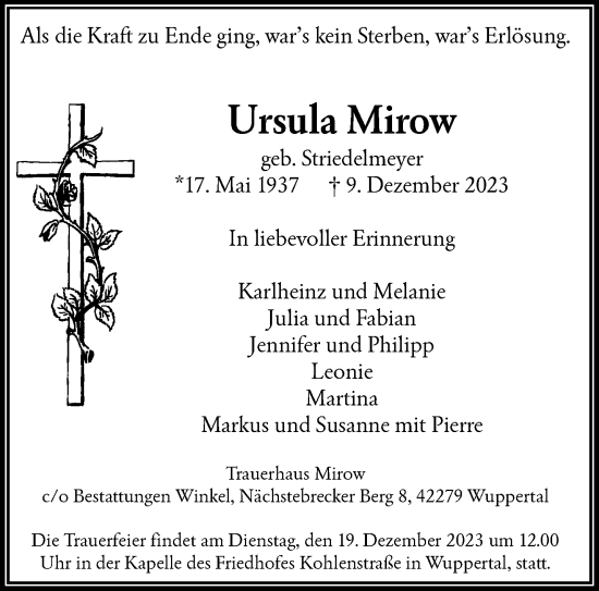Traueranzeige von Ursula Mirow von trauer.wuppertaler-rundschau.de