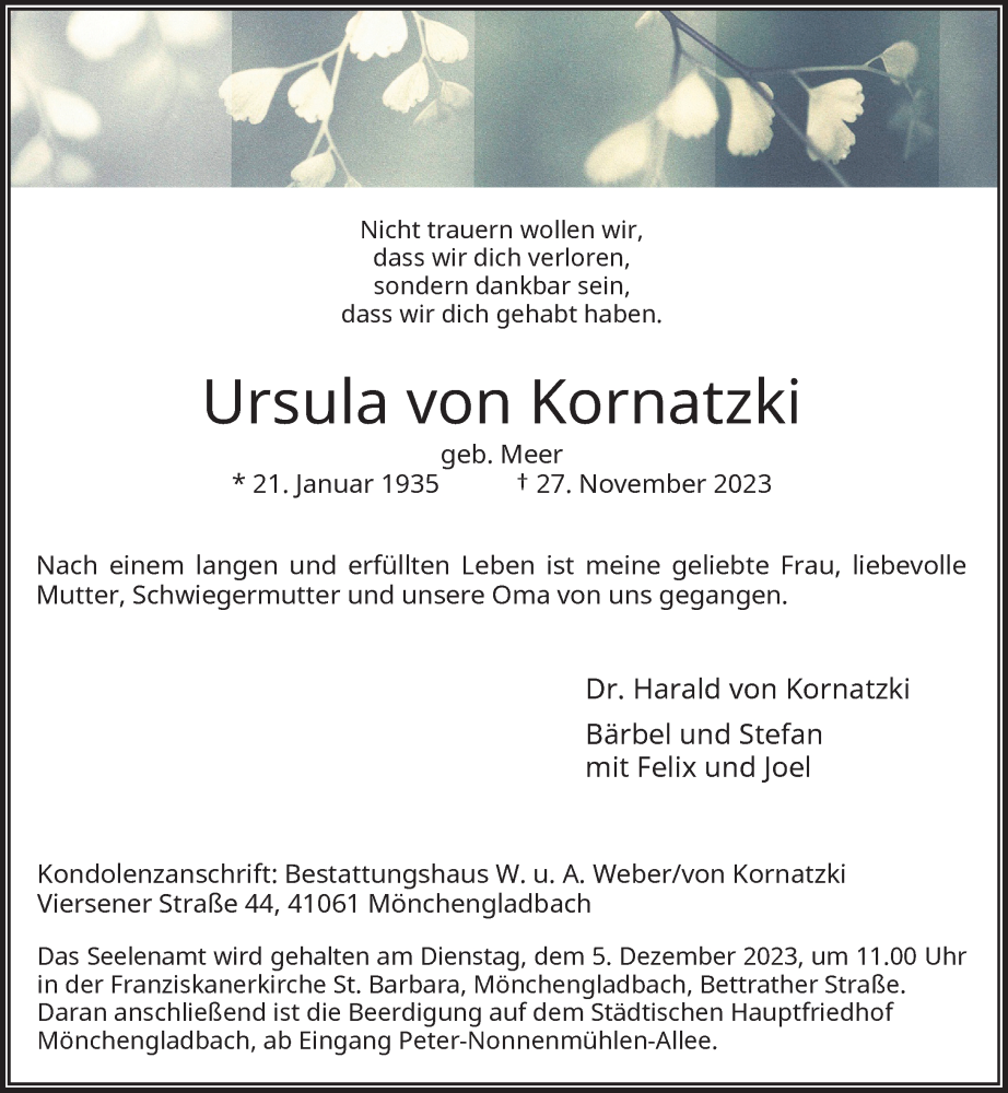  Traueranzeige für Ursula von Kornatzki vom 03.12.2023 aus trauer.extra-tipp-moenchengladbach.de