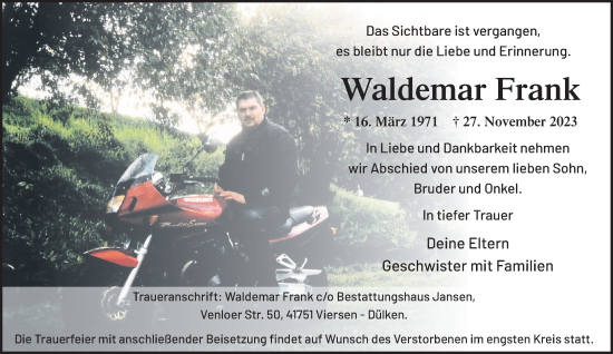 Traueranzeige von Waldemar Frank von trauer.extra-tipp-moenchengladbach.de