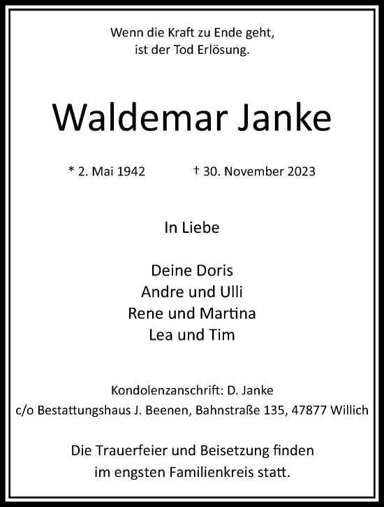Traueranzeige von Waldemar Janke von trauer.extra-tipp-moenchengladbach.de