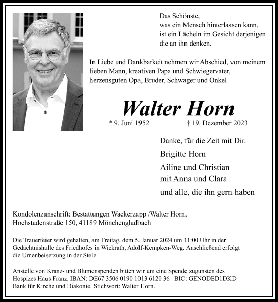 Traueranzeige von Walter Horn von trauer.extra-tipp-moenchengladbach.de
