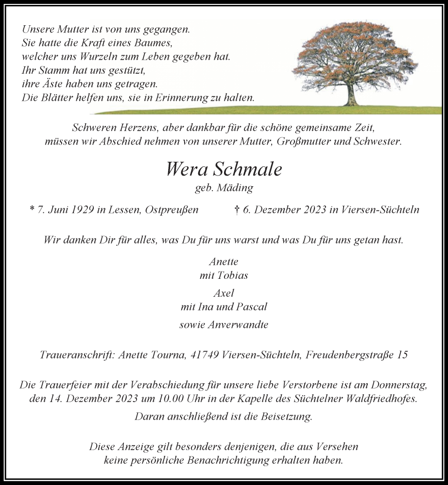  Traueranzeige für Wera Schmale vom 10.12.2023 aus trauer.extra-tipp-moenchengladbach.de