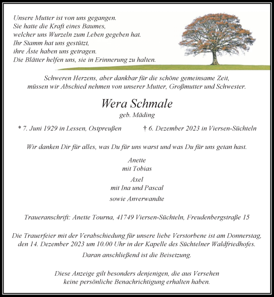 Traueranzeige von Wera Schmale von trauer.extra-tipp-moenchengladbach.de